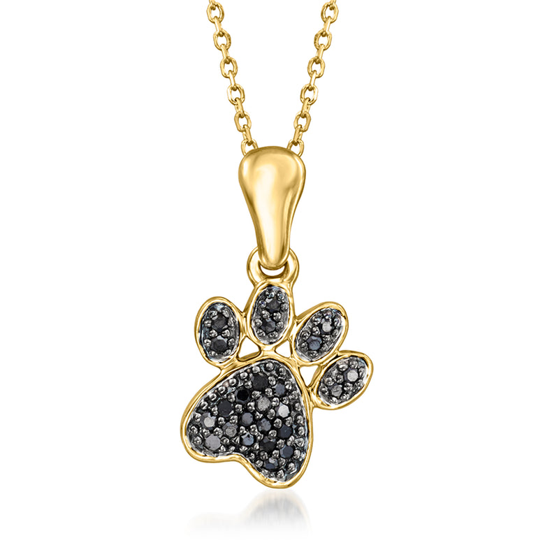 Black Diamond paw print pendant necklace, 14kt yellow gold with dark stone inlay