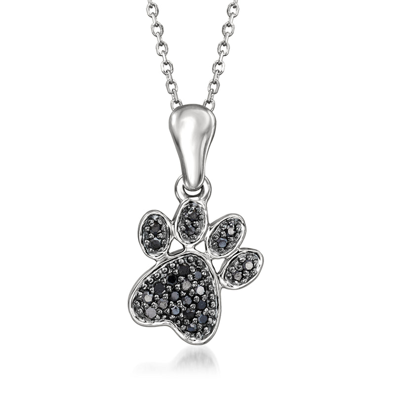 Black Diamond paw print pendant necklace, black enamel set in 14kt white gold
