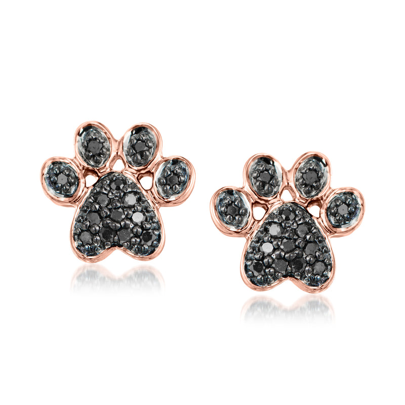 Black Diamond paw print stud earrings, 14kt rose gold with black stone settings