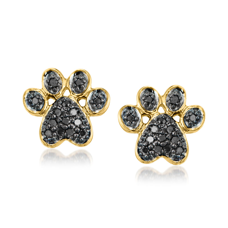 Black diamond paw print post earrings in 14kt yellow gold