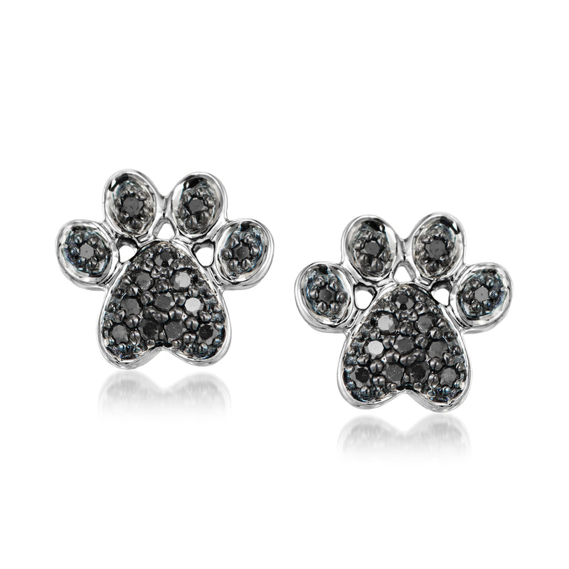 Black diamond paw print stud earrings in 14kt white gold with round stone insets