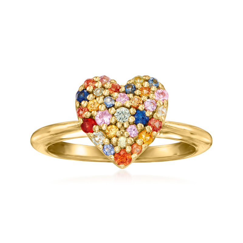 Multicolored sapphire heart ring, gold over sterling with heart gemstone cluster.