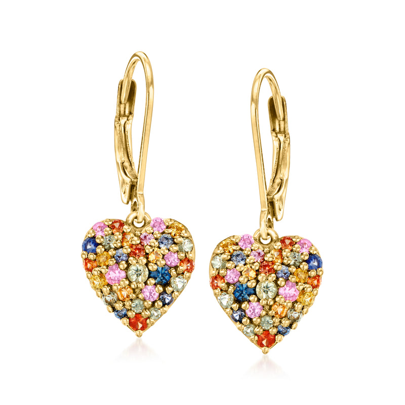 Multicolored sapphire heart drop earrings with gold leverback hooks