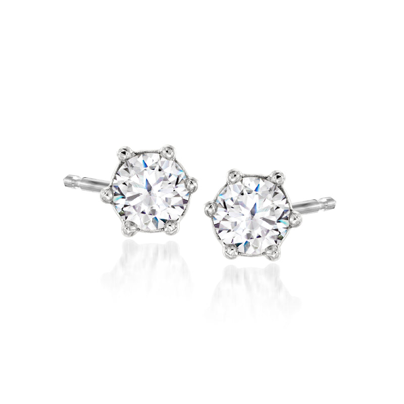 Sterling silver round CZ stud earrings with prong-set clear stones