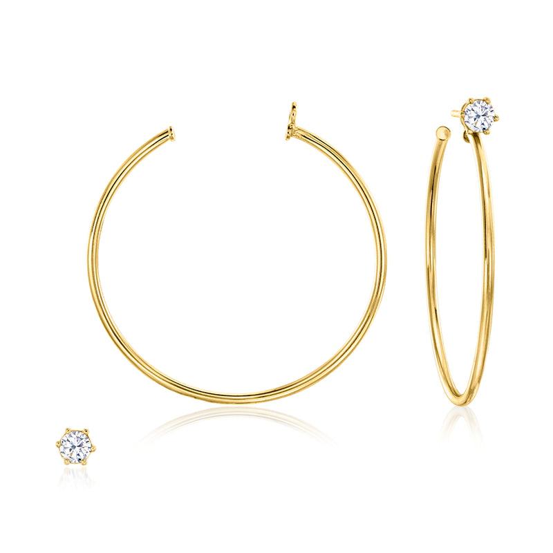 Gold hoop earrings with clear round CZ stone and small CZ stud accent