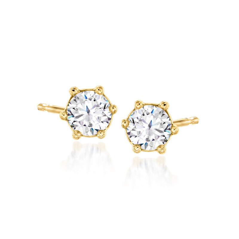 Gold CZ stud earrings with clear round stones in prong settings