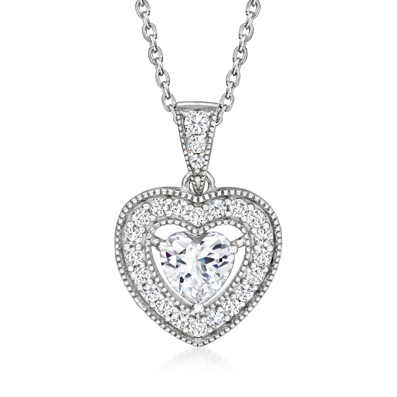 Sterling silver heart pendant necklace with clear CZ stones, halo design