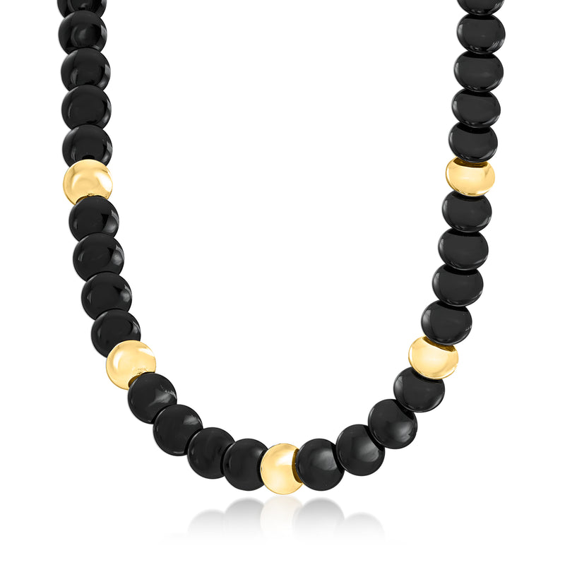 Vintage onyx bead station necklace with 14kt yellow gold disc stations