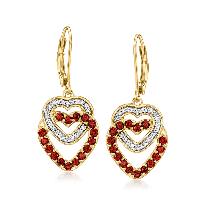 Double-heart garnet and diamond leverback earrings in gold over sterling