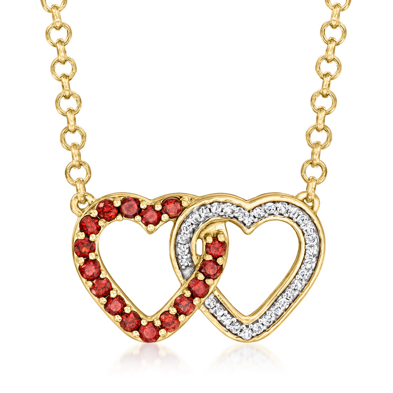 18kt gold over sterling double-heart necklace with red garnets and white diamond halos