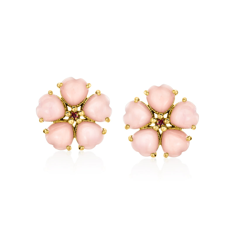 Pink opal floral stud earrings with pink stone petals and gold-tone posts