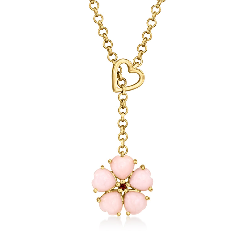 Gold-tone lariat necklace with pink floral pendant and single heart-shaped garnet