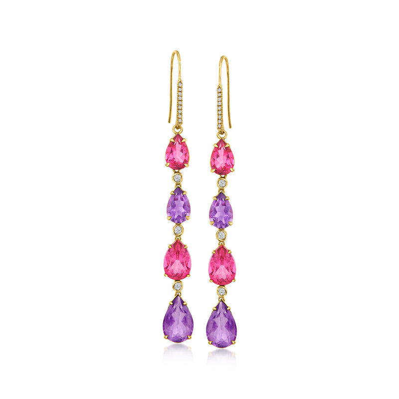 Gold drop earrings with pink and purple gemstone drops on earwire hooks