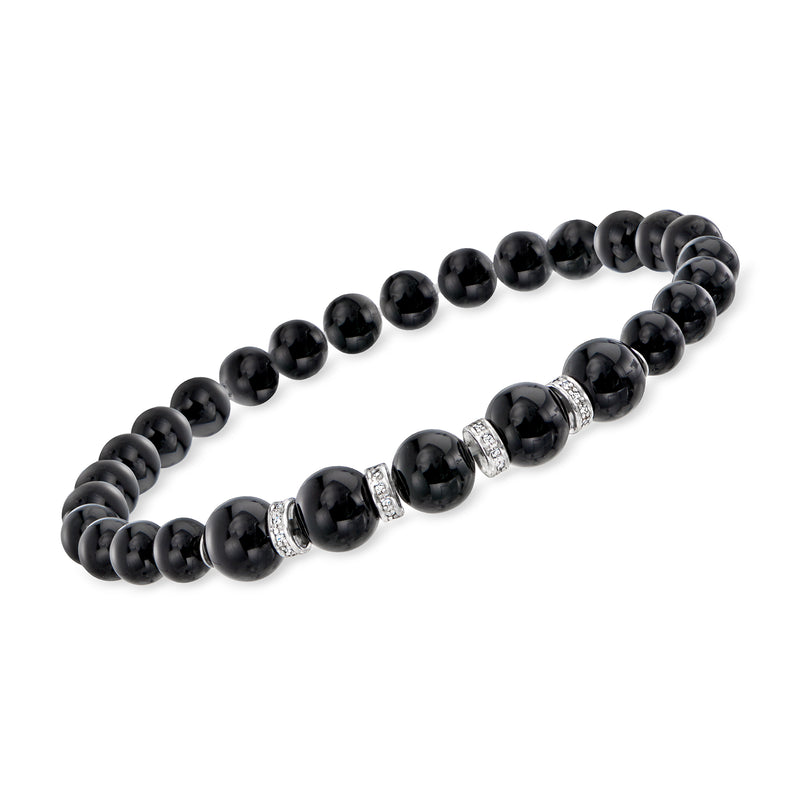 Onyx bead stretch bracelet with silver diamond accents