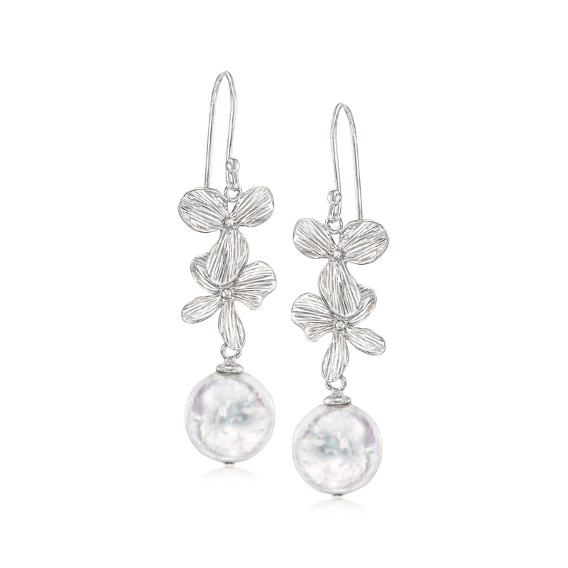 Sterling silver earwire drop earrings with three textured flower charms and round pearl drops