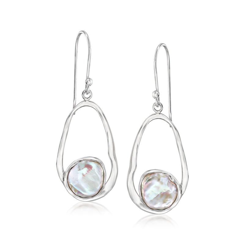 Sterling silver keshi pearl drop earrings with iridescent round pearl in teardrop setting