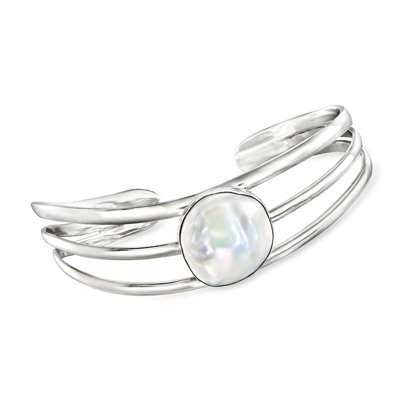 Sterling silver cuff bracelet with iridescent coin pearl front