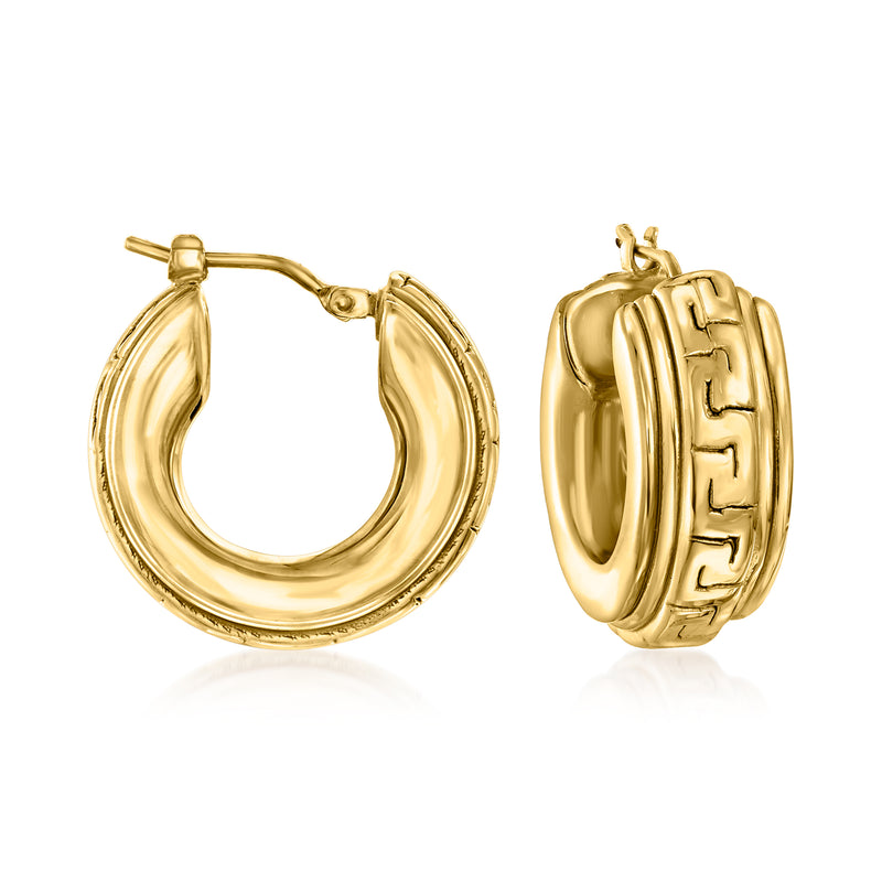 Gold hoop earrings with engraved Greek key pattern and hinged closure