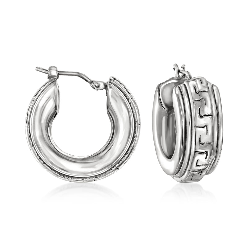 Sterling silver Greek key hoop earrings with textured, ridged round surface