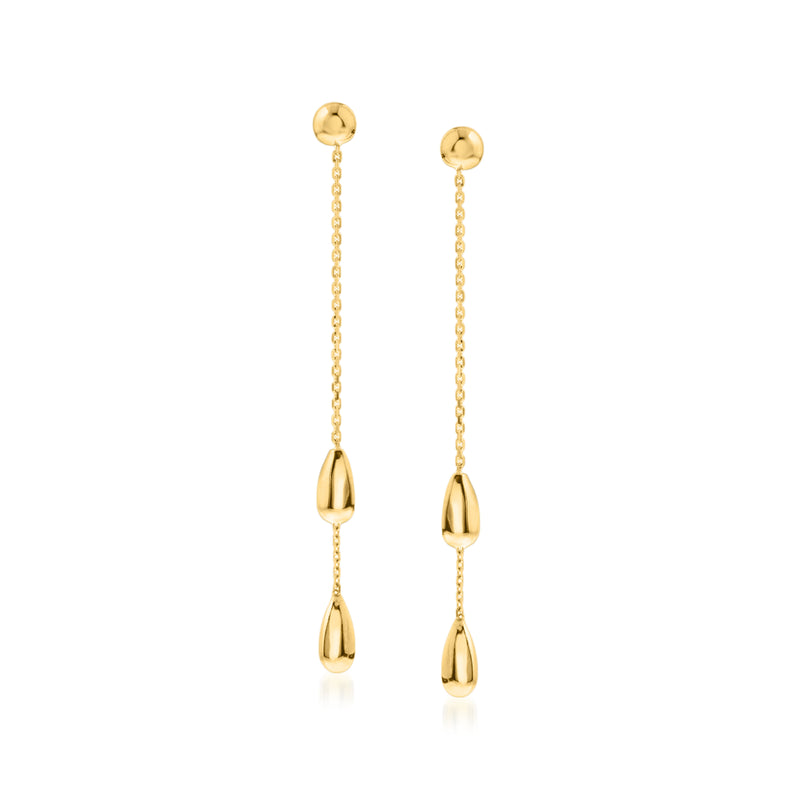 14kt yellow gold teardrop drop earrings with two dangling teardrop charms