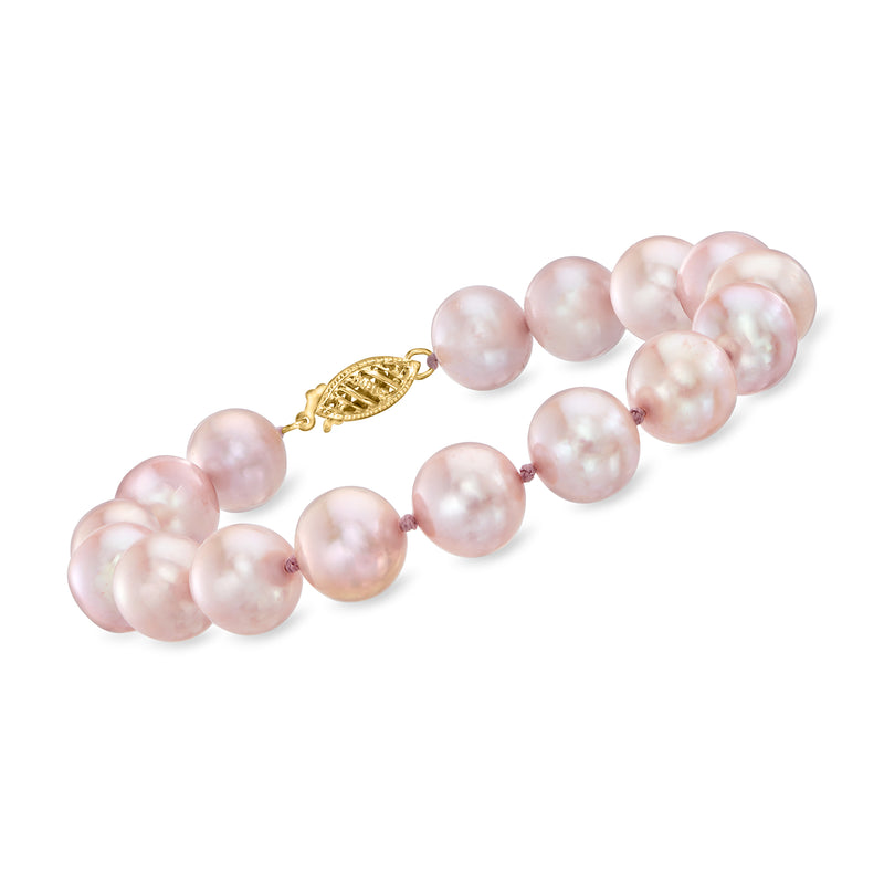 Pink cultured pearl bracelet with 14kt yellow gold clasp