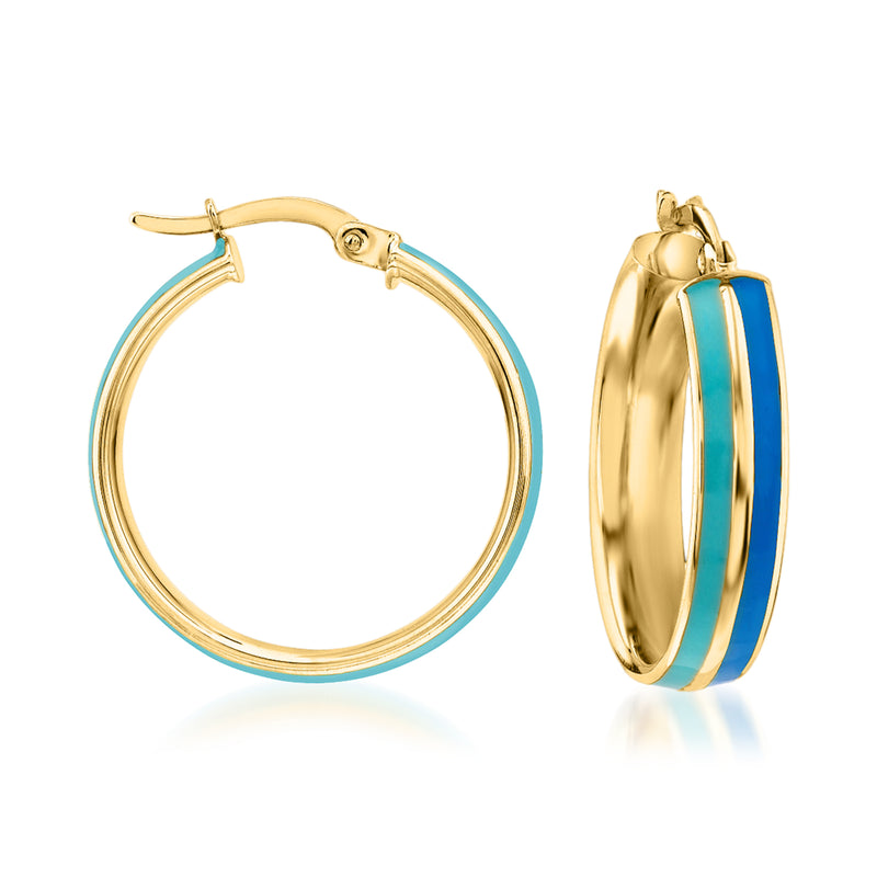 14kt yellow gold hoop earrings with blue enamel striped inlay, hinged closure