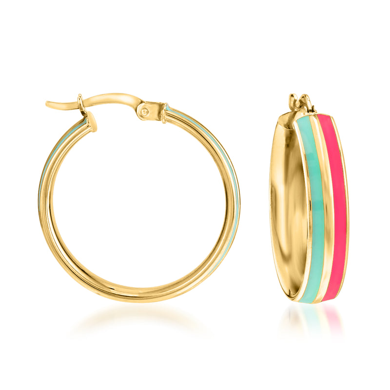 14kt yellow gold hoop earrings with pink, blue, and teal enamel stripes