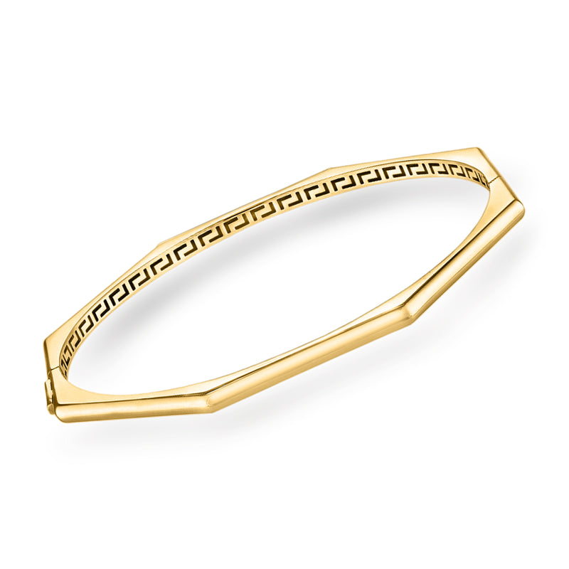 14kt yellow gold geometric bangle bracelet with Greek key pattern