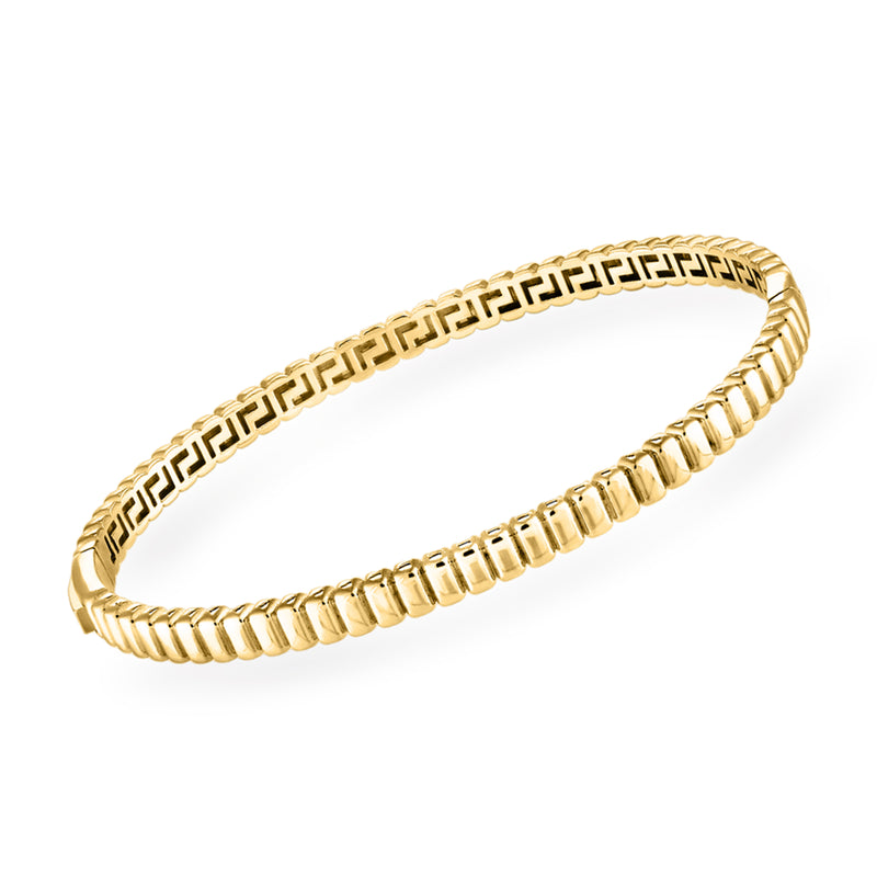 14kt yellow gold ribbed bangle bracelet with Greek key design