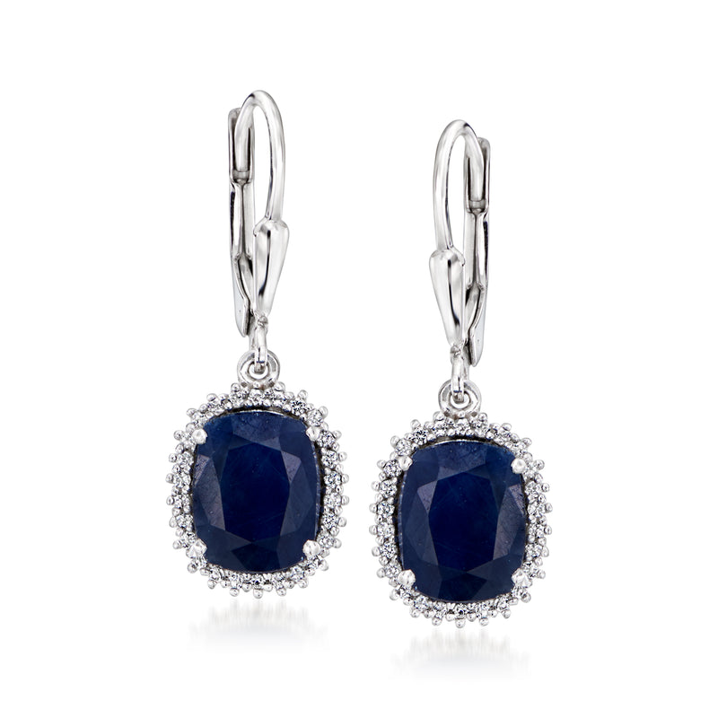 Sterling silver leverback drop earrings with dark blue sapphire-style stones and white topaz halo
