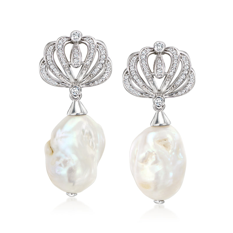 Sterling silver seashell drop earrings with baroque pearl and CZ accents