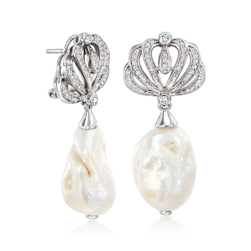 Sterling silver seashell drop earrings with baroque pearl pendants and clear CZ accents
