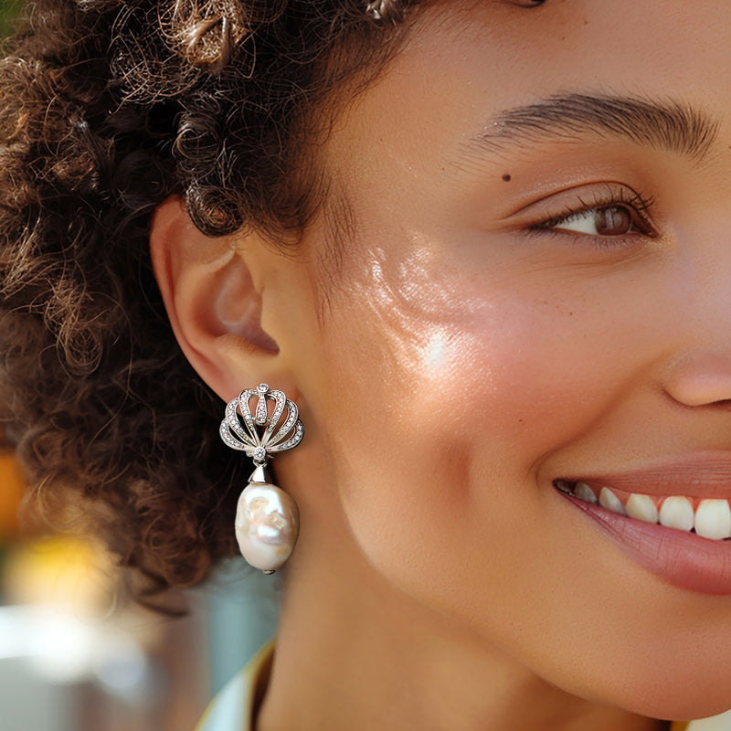 Seashell drop earrings in sterling silver with CZ sparkle and white baroque pearl drop