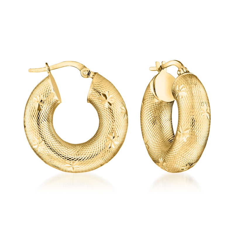 14kt yellow gold textured hoop earrings, hinged clasp, rounded open hoop