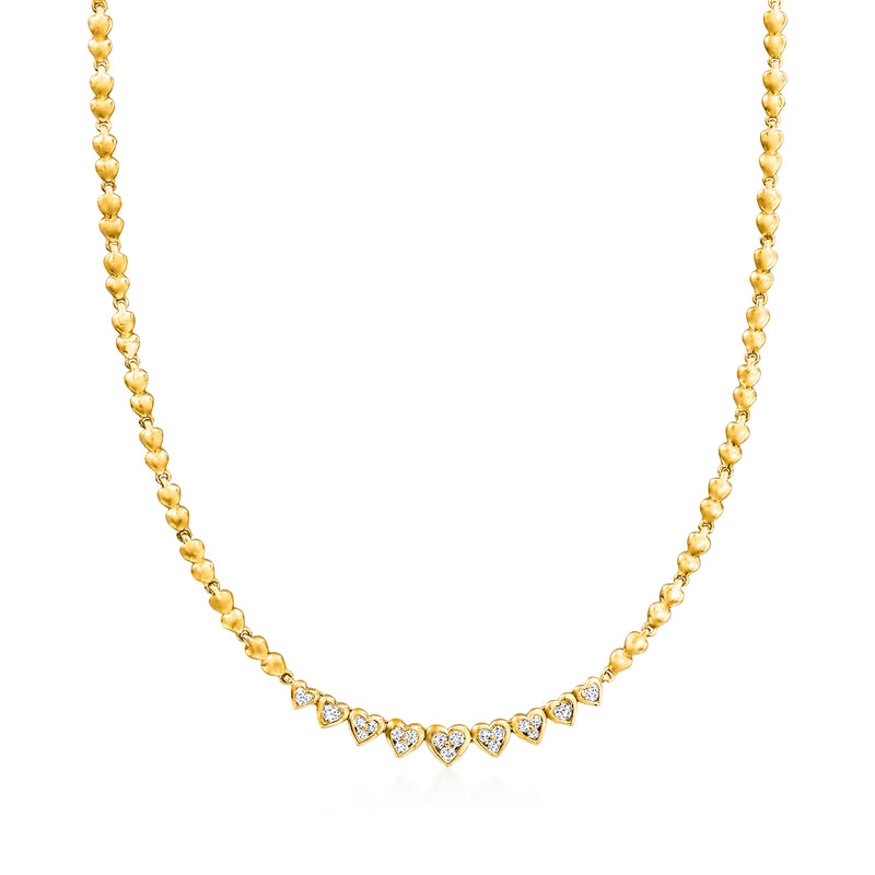 18kt yellow gold heart-link necklace with diamond accents, short chain with heart-shaped links