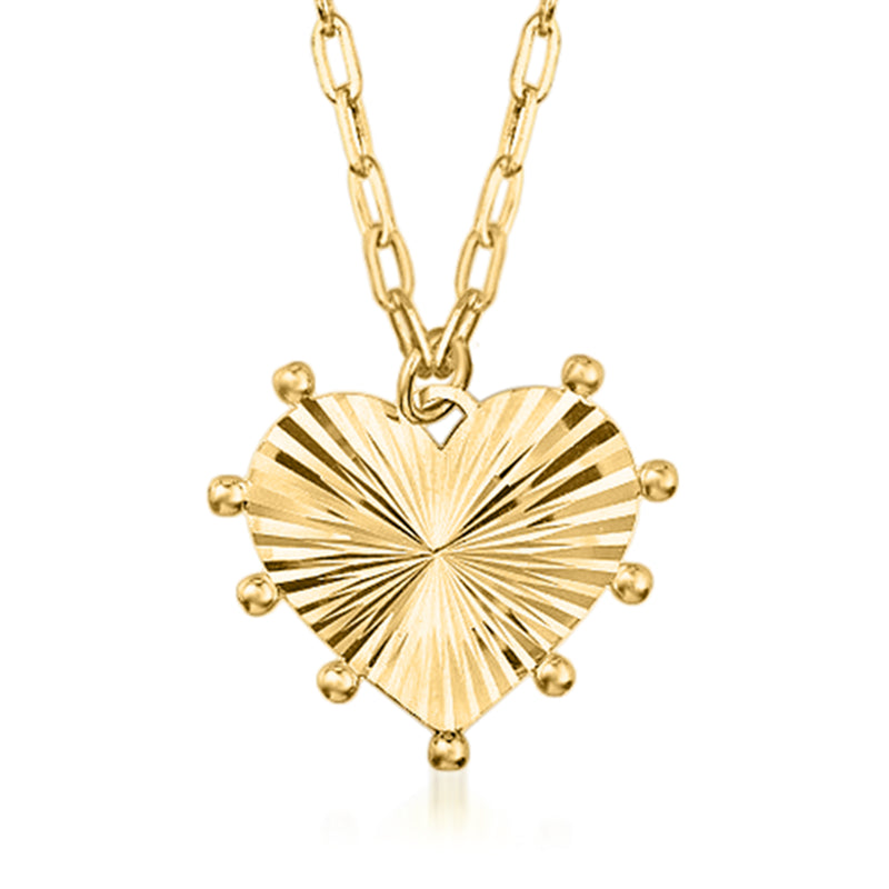 14kt yellow gold starburst heart pendant necklace with radiating fan engravings