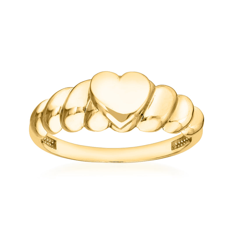 14kt yellow gold ribbed heart ring with polished heart top