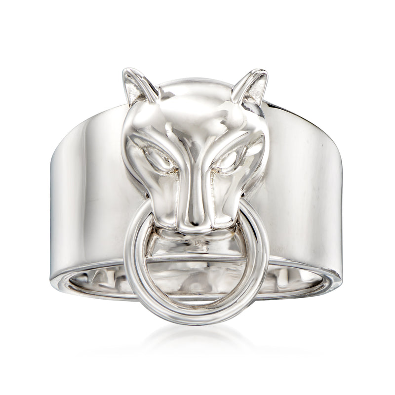 Sterling silver panther doorknocker ring with detailed panther head and open band