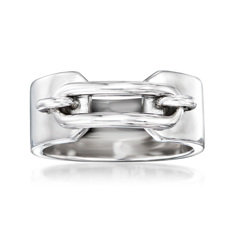 Wide sterling silver link ring with polished rectangular bar and link detail