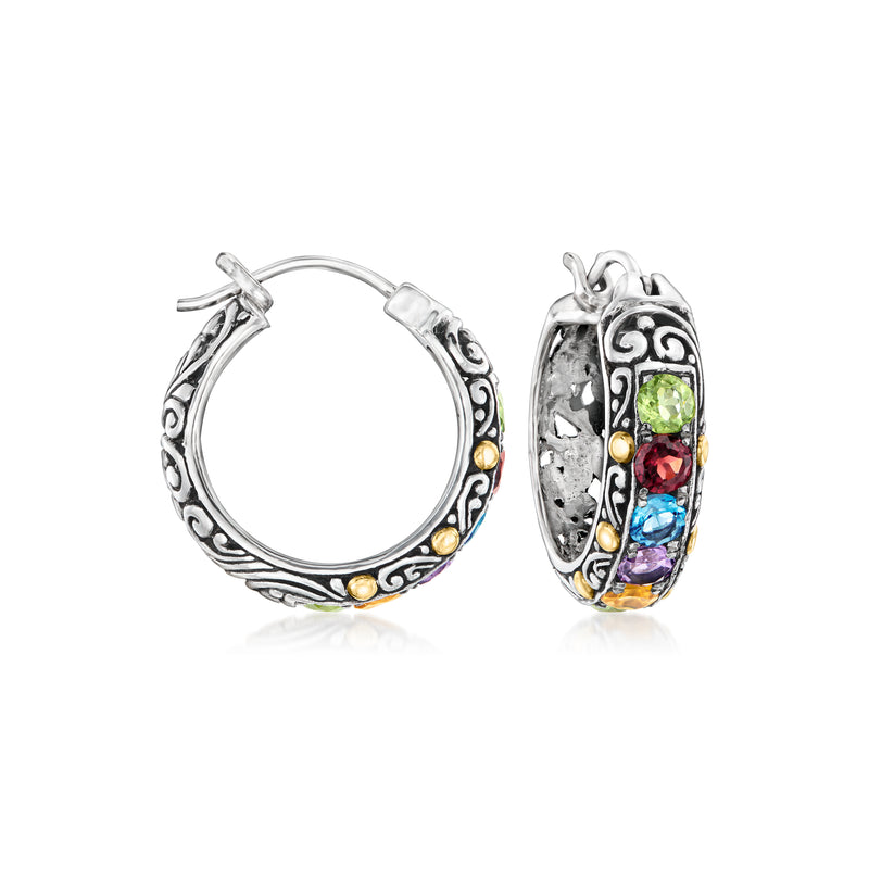 Sterling silver Bali-style hoop earrings with colorful multi-gemstones and yellow gold accents