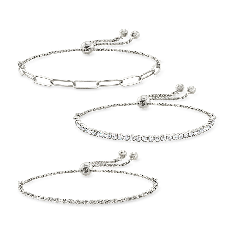 Three sterling silver bolo bracelets with CZ accents and adjustable cord clasps