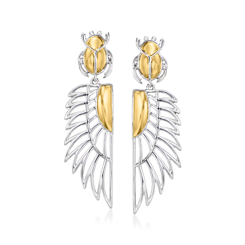 Sterling silver winged beetle drop earrings with gold-over beetle body and wing details