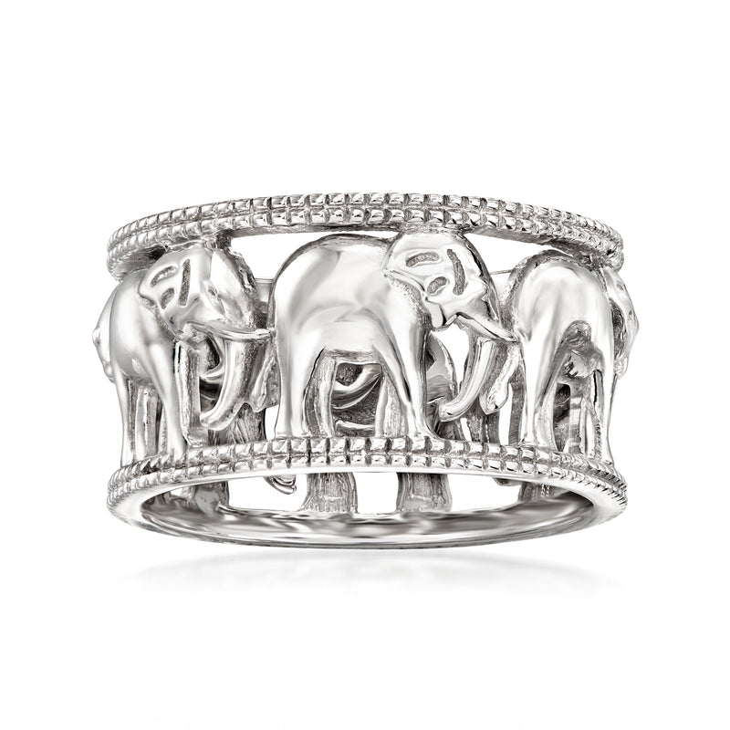 Sterling silver elephant ring with raised animal figures around the band
