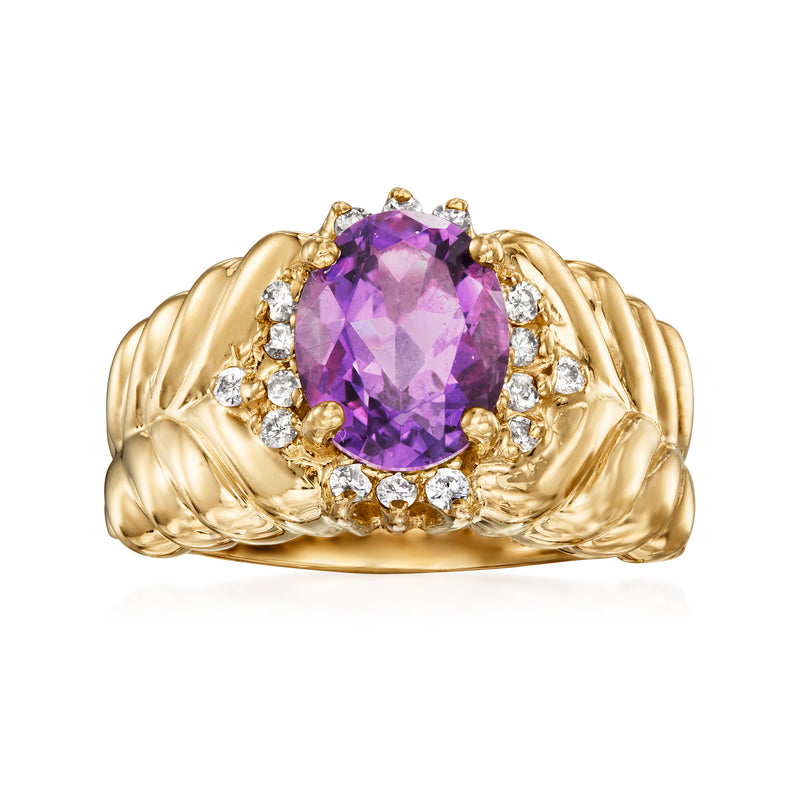 Amethyst and diamond ring in 14k yellow gold, oval purple gemstone with diamond halo
