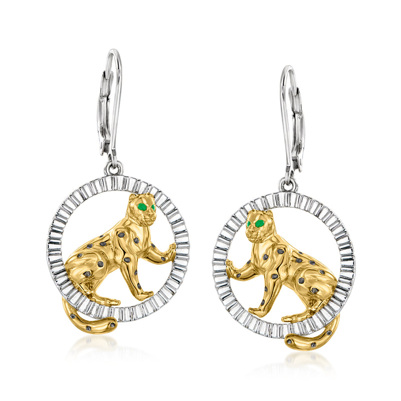 Two-tone sterling silver leopard drop earrings with green enamel eye, round bezel, leverbacks