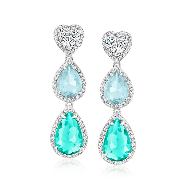 Sterling silver heart drop earrings with blue & green teardrop stones, CZ halo