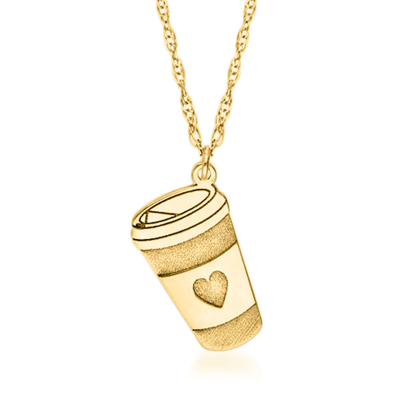 14kt yellow gold coffee cup pendant necklace with heart charm, gold chain