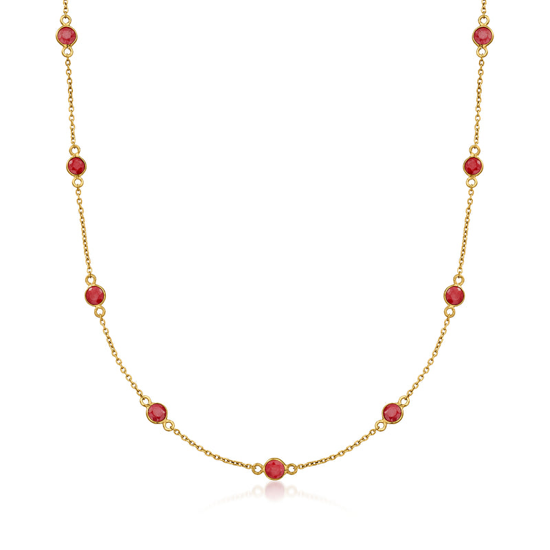 18kt gold over sterling station necklace with round ruby beads along the chain