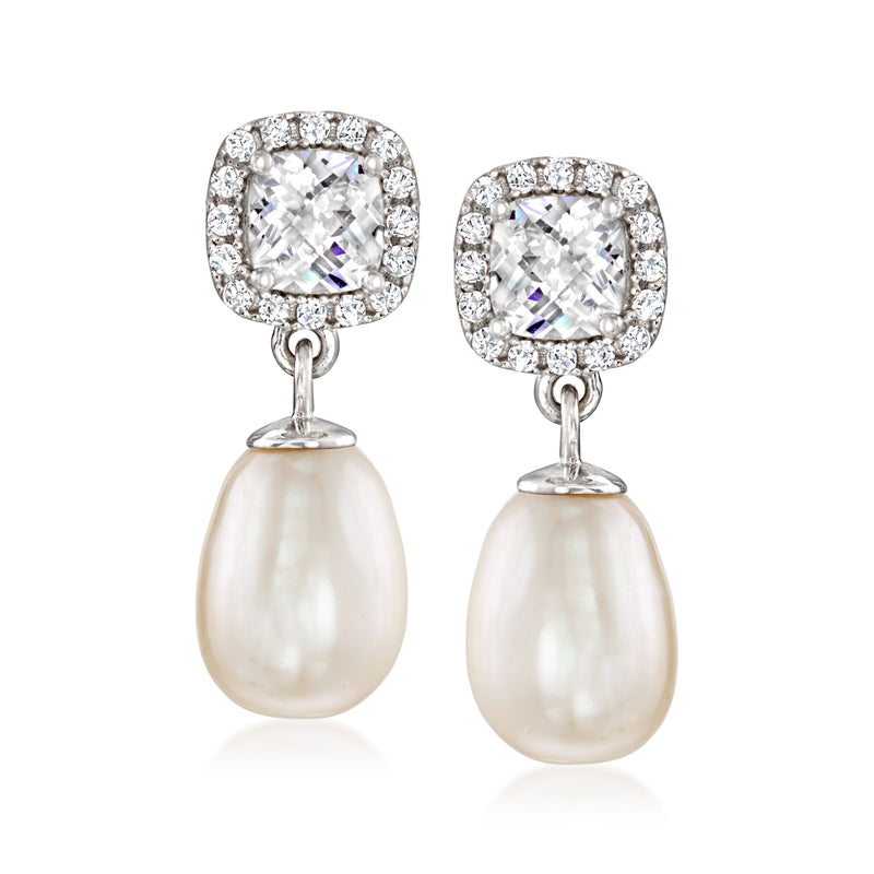 Sterling silver drop earrings with halo CZ square studs and white teardrop pearls