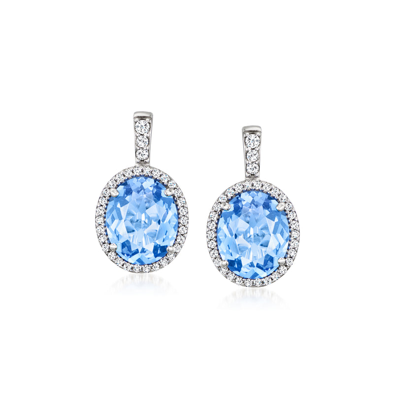 Sterling silver drop earrings with oval blue crystal and clear halo